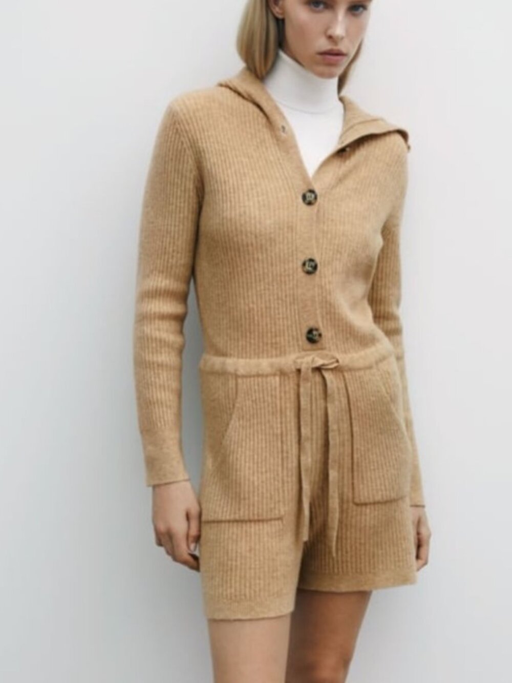 NEW Zara Hooded Tan Beige Ribbed Knit Wool Blend Long Sleeve Romper Size Small